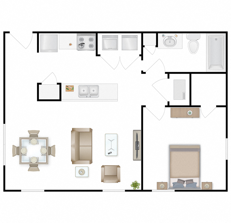 Floor plan for 1 bed, 1 bath, 610 sqft
